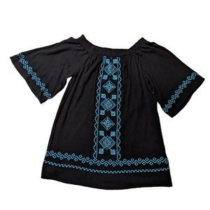 Flying Tomato Off Shoulder Mini Dress Black with Turquoise Embroidery